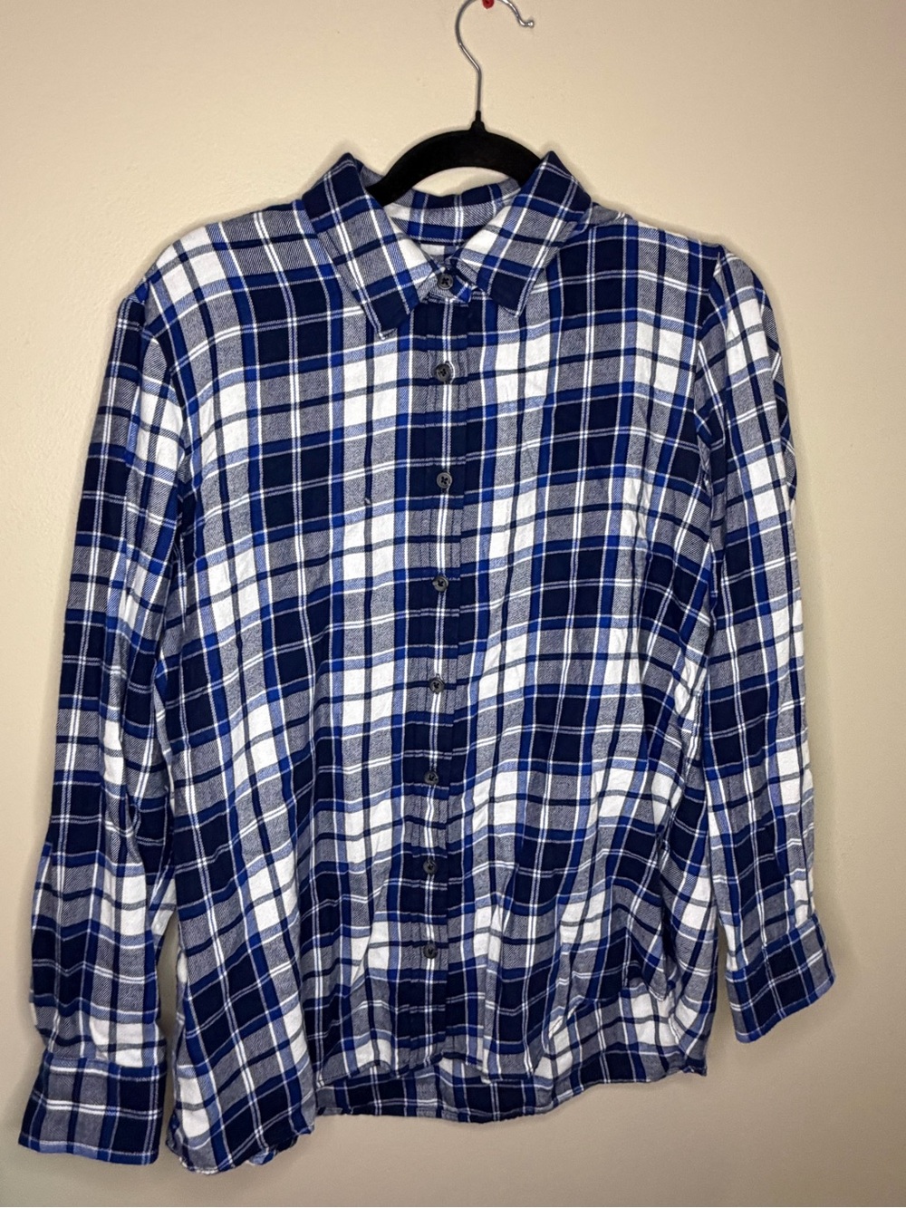 Lands' End Women's Large Petite Blue White Plaid Flannel Button Front Shirt L/P